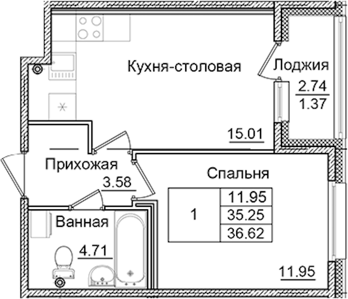 1-комнатная квартира 36.62 м², 2/9 эт., ЖК «Квартал Заречье»